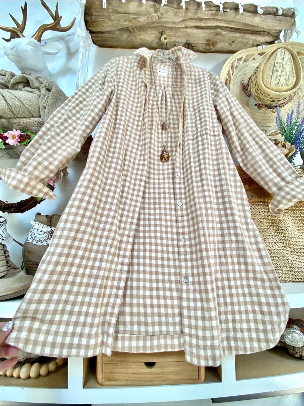 Cottagecore Simons gingham flannel Shirt Dress/long cover up w beach vacay vibe